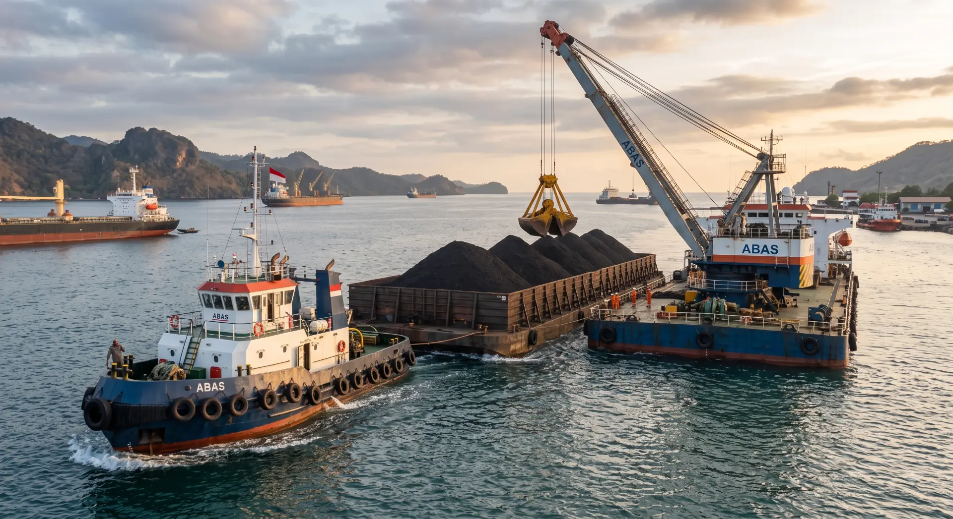 Tug and deck barge marine logistics convoy delivering coal to an Indonesian anchorage